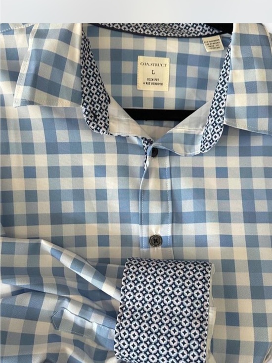 Construct Other - NWT Men's Blue Gingham Dress Shirt with Patterned Trim Detail - Size Large